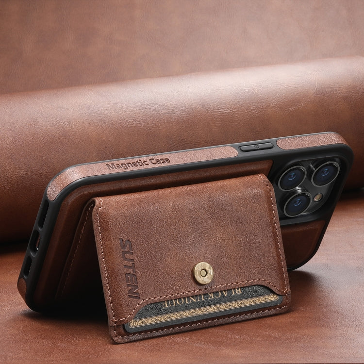 For iPhone 15 Pro Suteni M1 Oil Wax MagSafe Detachable Horizontal Card Bag Phone Case(Brown) - iPhone 15 Pro Cases by Suteni | Online Shopping South Africa | PMC Jewellery | Buy Now Pay Later Mobicred