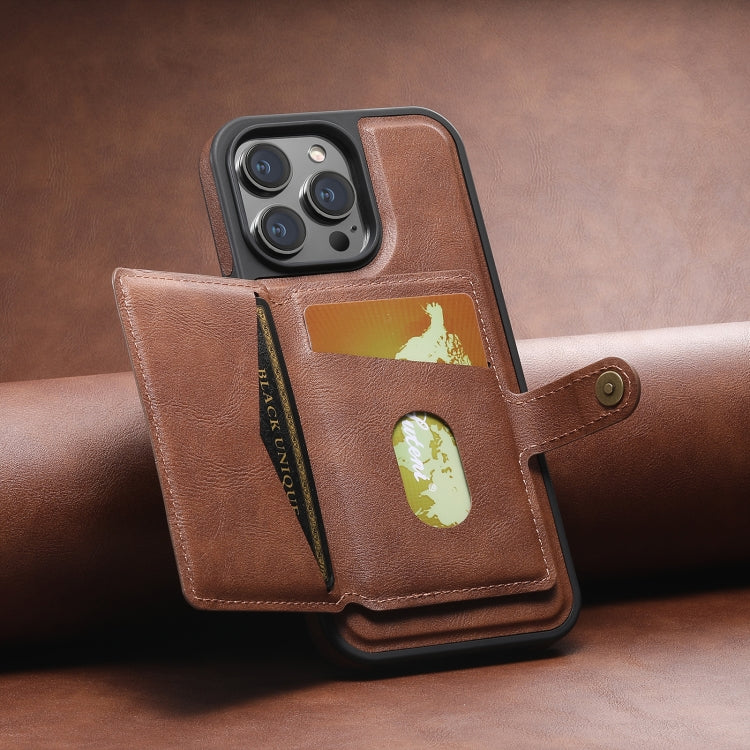 For iPhone 14 Plus Suteni M1 Oil Wax MagSafe Detachable Horizontal Card Bag Phone Case(Brown) - iPhone 14 Plus Cases by Suteni | Online Shopping South Africa | PMC Jewellery | Buy Now Pay Later Mobicred