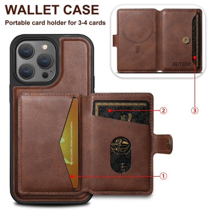 For iPhone 16 Pro Suteni M1 Oil Wax MagSafe Detachable Horizontal Card Bag Phone Case(Brown) - iPhone 16 Pro Cases by Suteni | Online Shopping South Africa | PMC Jewellery | Buy Now Pay Later Mobicred