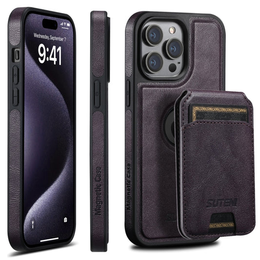 For iPhone 15 Pro Max Suteni M2 Oil Wax MagSafe Horizontal Card Bag Phone Case(Purple) - iPhone 15 Pro Max Cases by Suteni | Online Shopping South Africa | PMC Jewellery | Buy Now Pay Later Mobicred