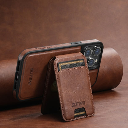 For iPhone 15 Suteni M2 Oil Wax MagSafe Horizontal Card Bag Phone Case(Brown) - iPhone 15 Cases by Suteni | Online Shopping South Africa | PMC Jewellery | Buy Now Pay Later Mobicred