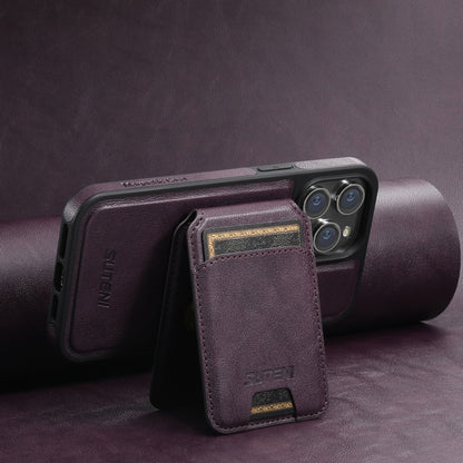 For iPhone 14 Plus Suteni M2 Oil Wax MagSafe Horizontal Card Bag Phone Case(Purple) - iPhone 14 Plus Cases by Suteni | Online Shopping South Africa | PMC Jewellery | Buy Now Pay Later Mobicred