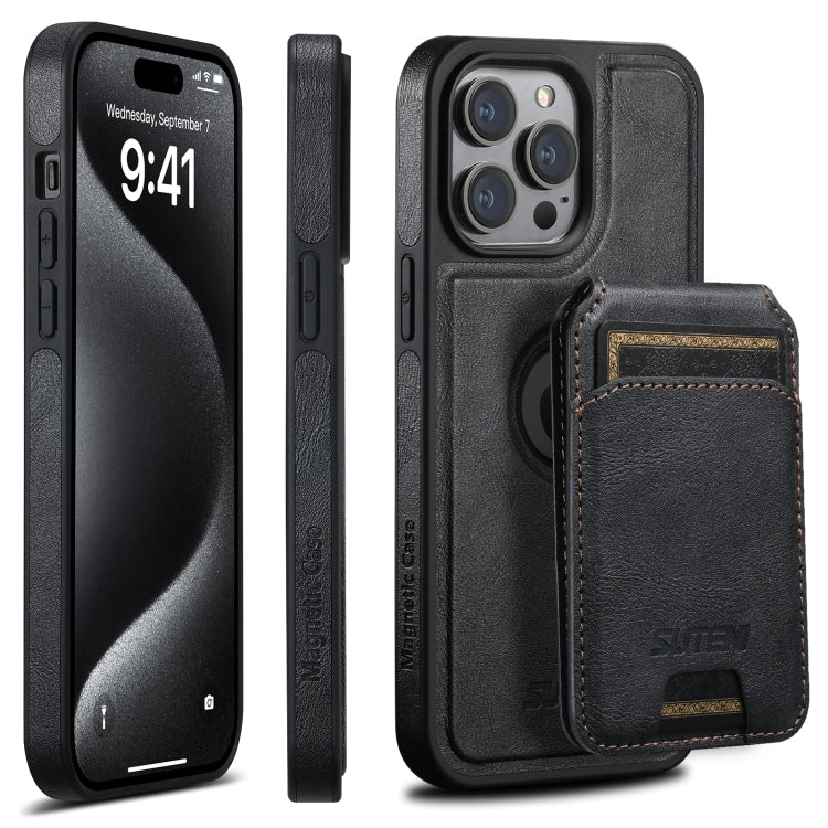 For iPhone 16 Pro Max Suteni M2 Oil Wax MagSafe Horizontal Card Bag Phone Case(Black) - iPhone 16 Pro Max Cases by Suteni | Online Shopping South Africa | PMC Jewellery | Buy Now Pay Later Mobicred