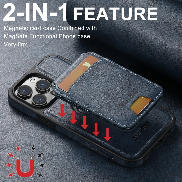 For iPhone 16 Pro Max Suteni M2 Oil Wax MagSafe Horizontal Card Bag Phone Case(Blue) - iPhone 16 Pro Max Cases by Suteni | Online Shopping South Africa | PMC Jewellery | Buy Now Pay Later Mobicred