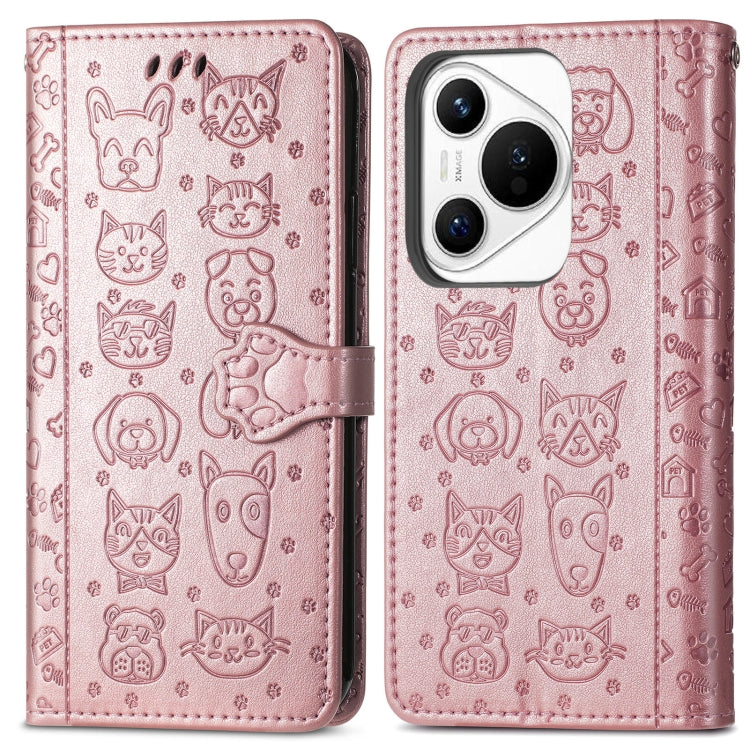 For Huawei Pura 70 Pro+ Cat and Dog Embossed Leather Phone Case(Rose Gold) - Huawei Cases by PMC Jewellery | Online Shopping South Africa | PMC Jewellery | Buy Now Pay Later Mobicred