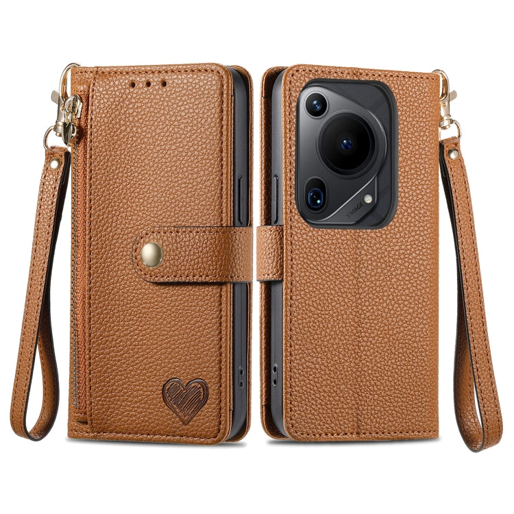 For Huawei Pura 70 Ultra Love Zipper Lanyard Leather Phone Case(Brown) - Huawei Cases by PMC Jewellery | Online Shopping South Africa | PMC Jewellery | Buy Now Pay Later Mobicred