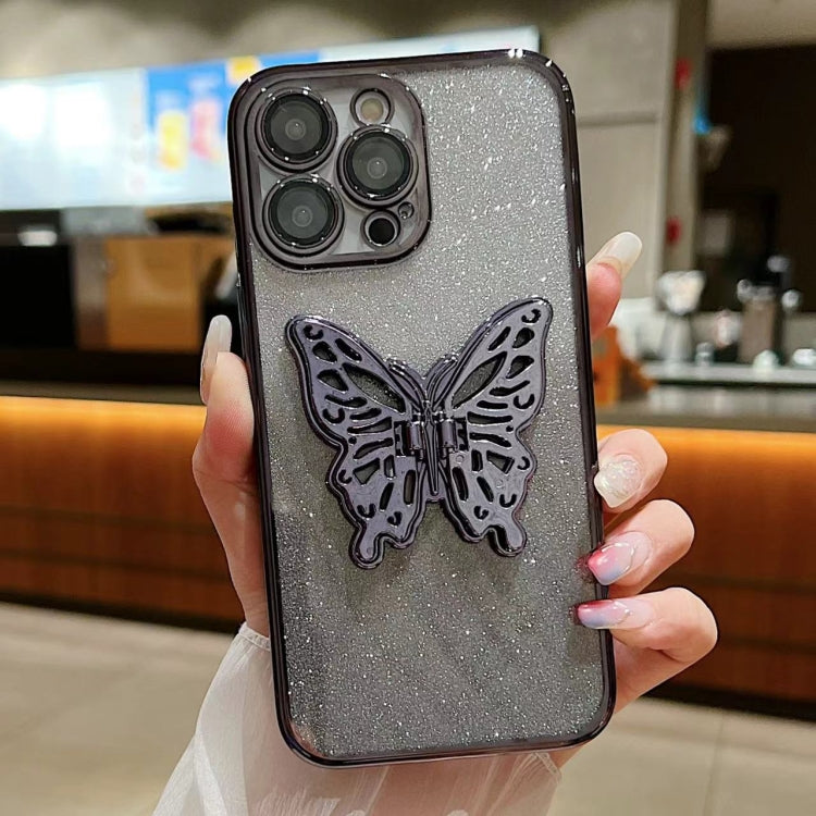 For iPhone 16 Electroplated Gradient Glitter 3D Butterfly TPU Phone Case(Gradient Black) - iPhone 16 Cases by PMC Jewellery | Online Shopping South Africa | PMC Jewellery | Buy Now Pay Later Mobicred