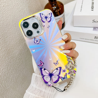 For iPhone 16 Pro Electroplating Laser Butterfly Phone Case with Wrist Strap(Purple Butterflies AB3) - iPhone 16 Pro Cases by PMC Jewellery | Online Shopping South Africa | PMC Jewellery | Buy Now Pay Later Mobicred