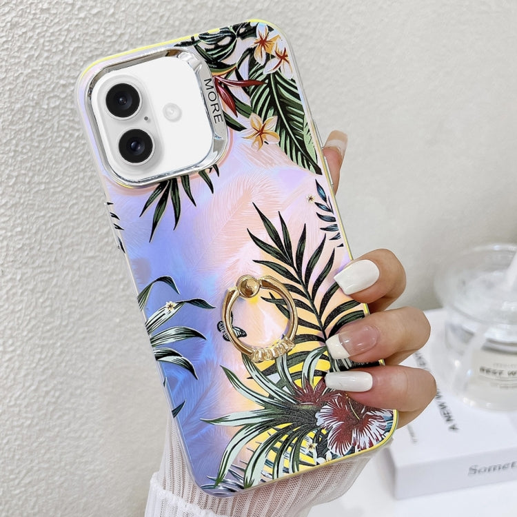 For iPhone 16 Electroplating Laser Flower Ring Holder TPU Phone Case(Leaves AH12) - iPhone 16 Cases by PMC Jewellery | Online Shopping South Africa | PMC Jewellery | Buy Now Pay Later Mobicred