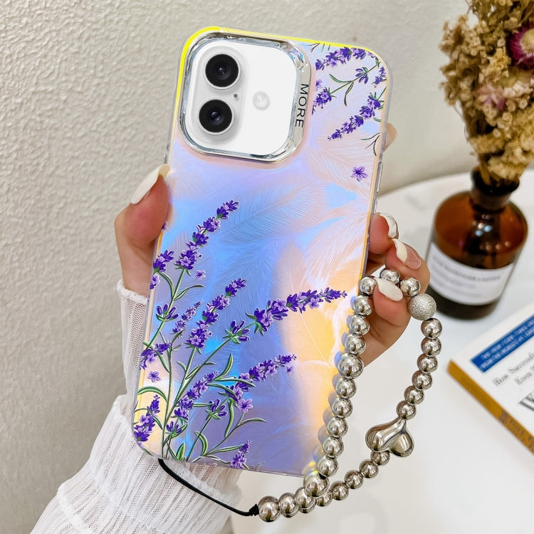 For iPhone 16 Electroplating Laser Flower Phone Case with Wrist Strap(Lavender AH14) - iPhone 16 Cases by PMC Jewellery | Online Shopping South Africa | PMC Jewellery | Buy Now Pay Later Mobicred