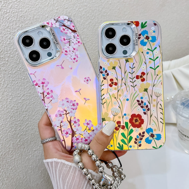 For iPhone 16 Electroplating Laser Flower Phone Case with Wrist Strap(Peach Blossom AH4) - iPhone 16 Cases by PMC Jewellery | Online Shopping South Africa | PMC Jewellery | Buy Now Pay Later Mobicred