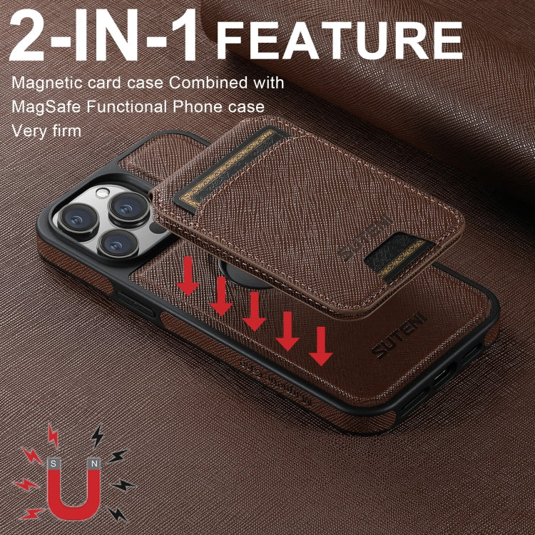 For iPhone 15 Pro Max Suteni M2 Cross-Grain MagSafe Vertical Card Back Phone Case(Brown) - iPhone 15 Pro Max Cases by Suteni | Online Shopping South Africa | PMC Jewellery | Buy Now Pay Later Mobicred