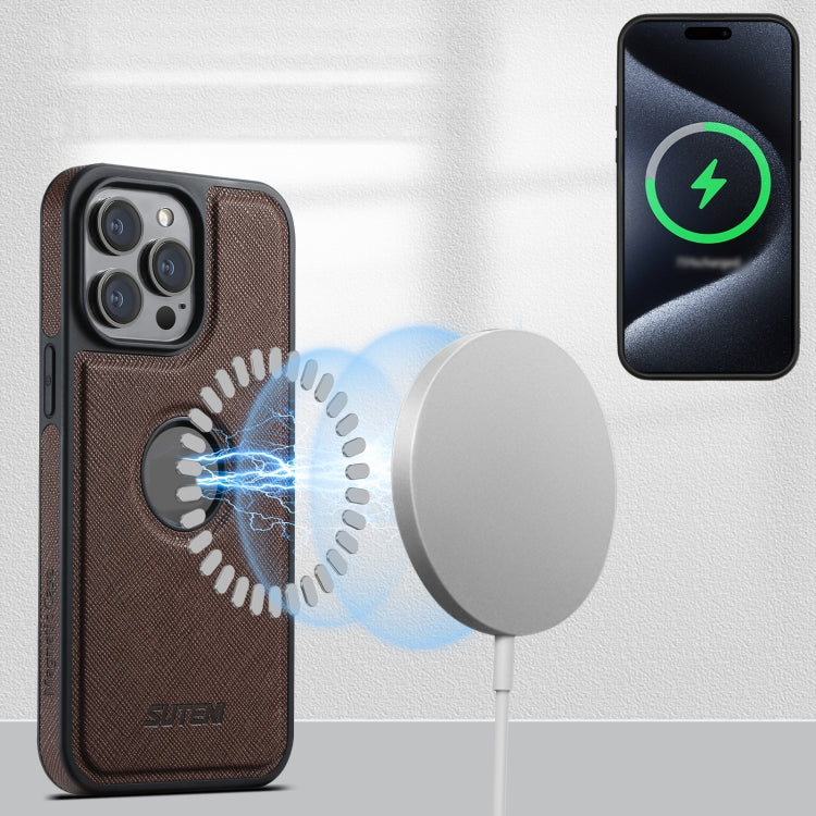 For iPhone 14 Pro Max Suteni M2 Cross-Grain MagSafe Vertical Card Back Phone Case(Brown) - iPhone 14 Pro Max Cases by Suteni | Online Shopping South Africa | PMC Jewellery | Buy Now Pay Later Mobicred