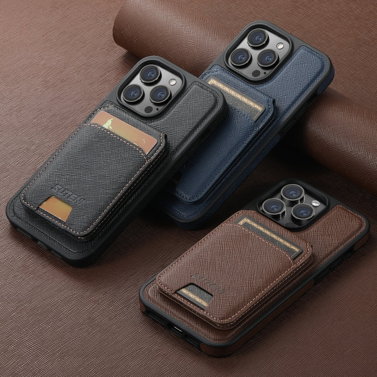 For iPhone 12 Pro Max Suteni M2 Cross-Grain MagSafe Vertical Card Back Phone Case(Brown) - iPhone 12 Pro Max Cases by Suteni | Online Shopping South Africa | PMC Jewellery | Buy Now Pay Later Mobicred