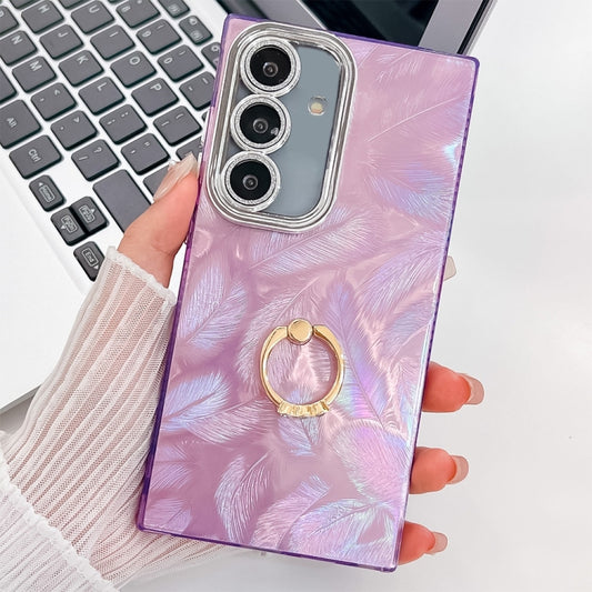 For Samsung Galaxy S25+ 5G Plating Glitter Texture Ring Holder TPU Phone Case with Lens Film(Purple Feathers) - Galaxy S25+ 5G Cases by PMC Jewellery | Online Shopping South Africa | PMC Jewellery | Buy Now Pay Later Mobicred