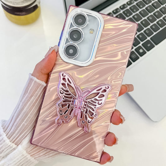 For Samsung Galaxy S25 5G Plating Glitter Texture Butterfly Holder TPU Phone Case with Lens Film(Pink Water Ripples) - Galaxy S25 5G Cases by PMC Jewellery | Online Shopping South Africa | PMC Jewellery | Buy Now Pay Later Mobicred