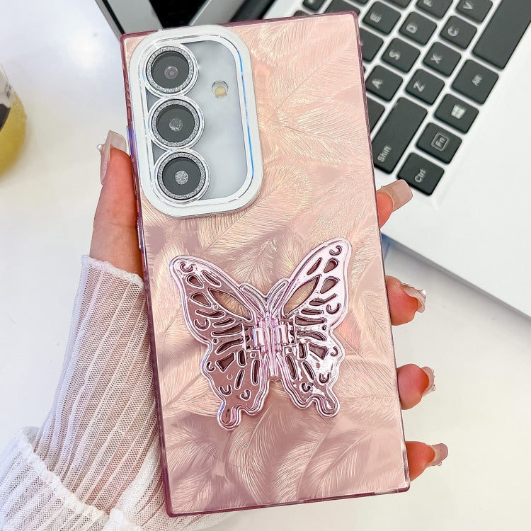 For Samsung Galaxy S25 5G Plating Glitter Texture Butterfly Holder TPU Phone Case with Lens Film(Pink Feathers) - Galaxy S25 5G Cases by PMC Jewellery | Online Shopping South Africa | PMC Jewellery | Buy Now Pay Later Mobicred