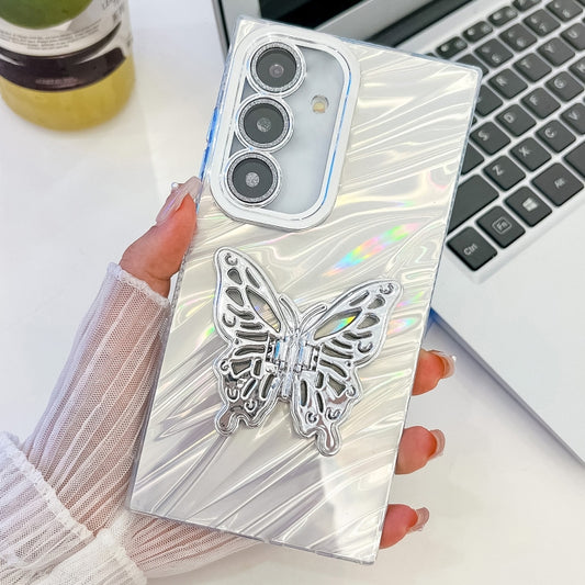 For Samsung Galaxy S25+ 5G Plating Glitter Texture Butterfly Holder TPU Phone Case with Lens Film(White Water Ripples) - Galaxy S25+ 5G Cases by PMC Jewellery | Online Shopping South Africa | PMC Jewellery | Buy Now Pay Later Mobicred