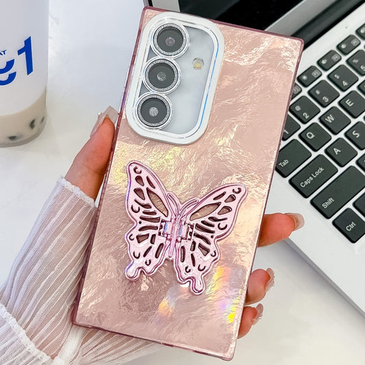 For Samsung Galaxy S25+ 5G Plating Glitter Texture Butterfly Holder TPU Phone Case with Lens Film(Pink Tinfoil Texture) - Galaxy S25+ 5G Cases by PMC Jewellery | Online Shopping South Africa | PMC Jewellery | Buy Now Pay Later Mobicred