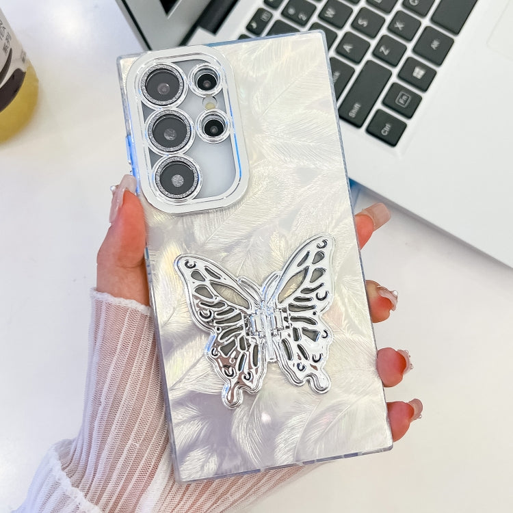 For Samsung Galaxy S25 Ultra 5G Plating Glitter Texture Butterfly Holder TPU Phone Case with Lens Film(White Feathers) - Galaxy S25 Ultra 5G Cases by PMC Jewellery | Online Shopping South Africa | PMC Jewellery | Buy Now Pay Later Mobicred