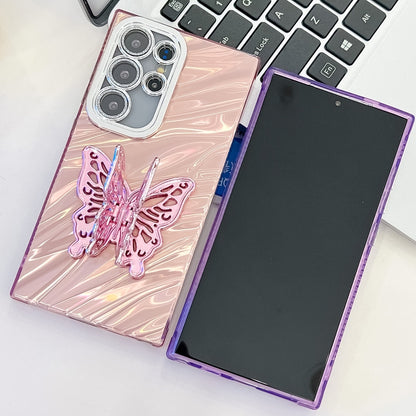 For Samsung Galaxy S25 5G Plating Glitter Texture Butterfly Holder TPU Phone Case with Lens Film(Pink Shell Pattern) - Galaxy S25 5G Cases by PMC Jewellery | Online Shopping South Africa | PMC Jewellery | Buy Now Pay Later Mobicred