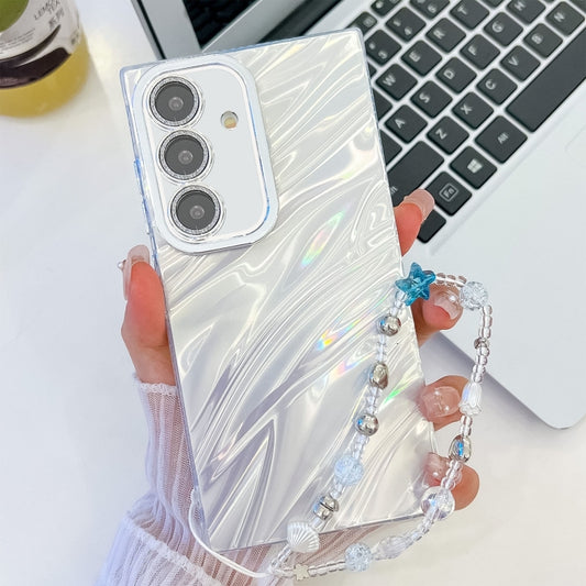 For Samsung Galaxy S25 5G Plating Glitter Texture Chain Wristband TPU Phone Case with Lens Film(White Water Ripples) - Galaxy S25 5G Cases by PMC Jewellery | Online Shopping South Africa | PMC Jewellery | Buy Now Pay Later Mobicred