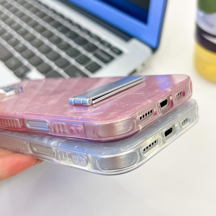 For iPhone 16e Plating Glitter Texture Fold Holder TPU Phone Case with Lens Film(White Tinfoil Texture) - iPhone 16e Cases by PMC TechLife | Online Shopping South Africa | PMC TechLife | Buy Now Pay Later Mobicred