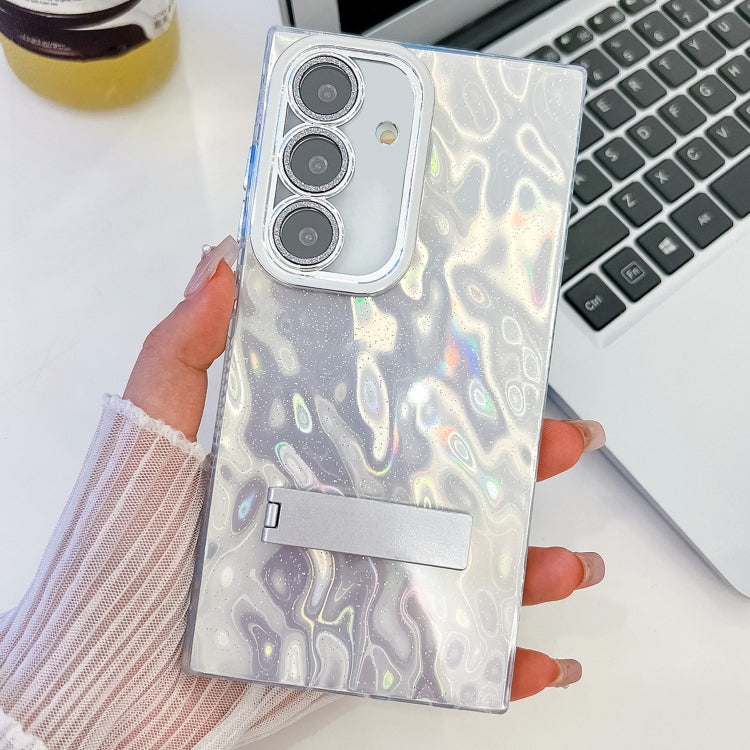 For Samsung Galaxy S25+ 5G Plating Glitter Texture Fold Holder TPU Phone Case with Lens Film(White Wrinkles) - Galaxy S25+ 5G Cases by PMC Jewellery | Online Shopping South Africa | PMC Jewellery | Buy Now Pay Later Mobicred