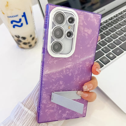 For Samsung Galaxy S25+ 5G Plating Glitter Texture Fold Holder TPU Phone Case with Lens Film(Purple Water Ripples) - Galaxy S25+ 5G Cases by PMC Jewellery | Online Shopping South Africa | PMC Jewellery | Buy Now Pay Later Mobicred