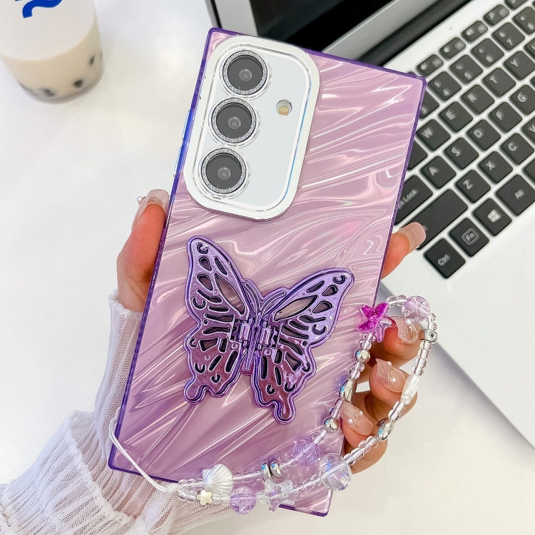 For Samsung Galaxy S25 5G Plating Glitter Lens Film Texture Butterfly Holder Wristband Phone Case(Purple Water Ripples) - Galaxy S25 5G Cases by PMC Jewellery | Online Shopping South Africa | PMC Jewellery | Buy Now Pay Later Mobicred