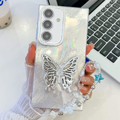 For Samsung Galaxy S25+ 5G Plating Glitter Lens Film Texture Butterfly Holder Wristband Phone Case(White Tinfoil Texture) - Galaxy S25+ 5G Cases by PMC Jewellery | Online Shopping South Africa | PMC Jewellery | Buy Now Pay Later Mobicred