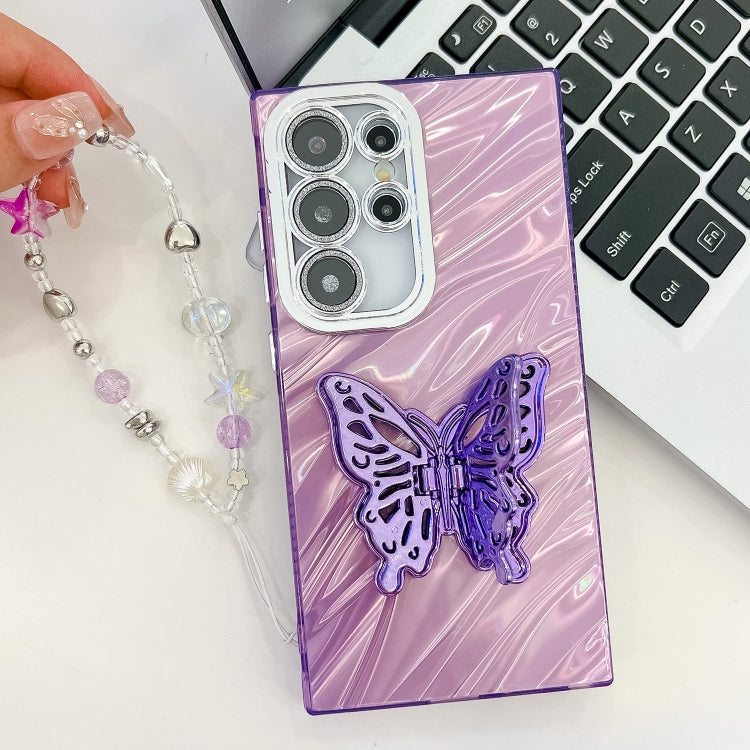 For Samsung Galaxy S25 Ultra 5G Plating Glitter Lens Film Texture Butterfly Holder Wristband Phone Case(Pink Water Ripples) - Galaxy S25 Ultra 5G Cases by PMC Jewellery | Online Shopping South Africa | PMC Jewellery | Buy Now Pay Later Mobicred