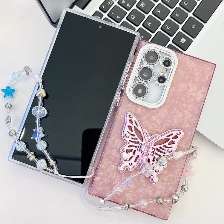 For Samsung Galaxy S25+ 5G Plating Glitter Lens Film Texture Butterfly Holder Wristband Phone Case(Pink Feather Yarn) - Galaxy S25+ 5G Cases by PMC Jewellery | Online Shopping South Africa | PMC Jewellery | Buy Now Pay Later Mobicred