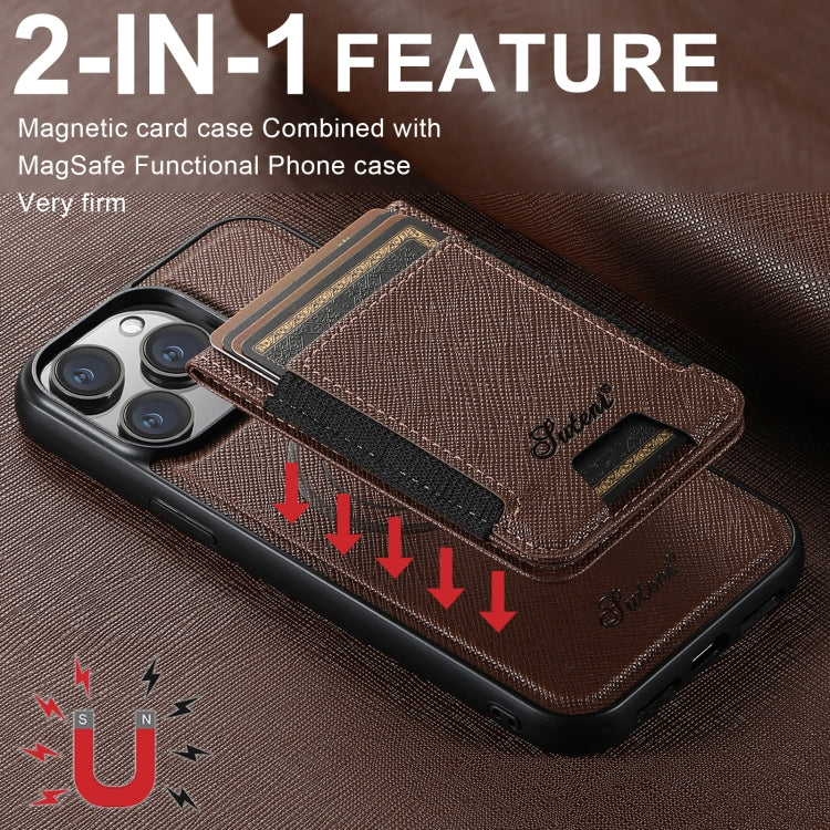 For iPhone 16 Pro Suteni H17 Cross Grain Leather MagSafe Detachable Wallet Phone Case(Brown) - iPhone 16 Pro Cases by Suteni | Online Shopping South Africa | PMC Jewellery | Buy Now Pay Later Mobicred