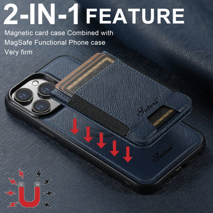 For iPhone 14 Pro Suteni H17 Cross Grain Leather MagSafe Detachable Wallet Phone Case(Blue) - iPhone 14 Pro Cases by Suteni | Online Shopping South Africa | PMC Jewellery | Buy Now Pay Later Mobicred