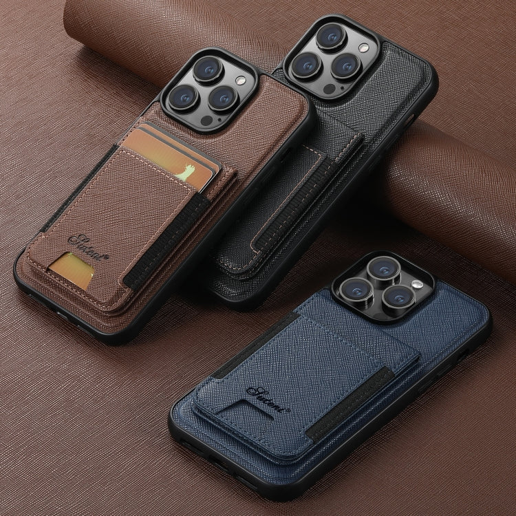 For iPhone 15 Pro Suteni H17 Cross Grain Leather MagSafe Detachable Wallet Phone Case(Brown) - iPhone 15 Pro Cases by Suteni | Online Shopping South Africa | PMC Jewellery | Buy Now Pay Later Mobicred