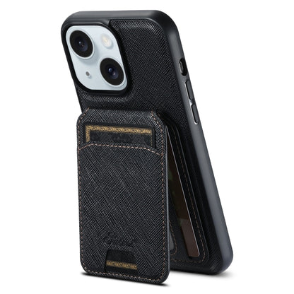 For iPhone 15 Plus Suteni H18 Cross Grain MagSafe Wallet Leather Phone Case(Black) - iPhone 15 Plus Cases by Suteni | Online Shopping South Africa | PMC Jewellery | Buy Now Pay Later Mobicred