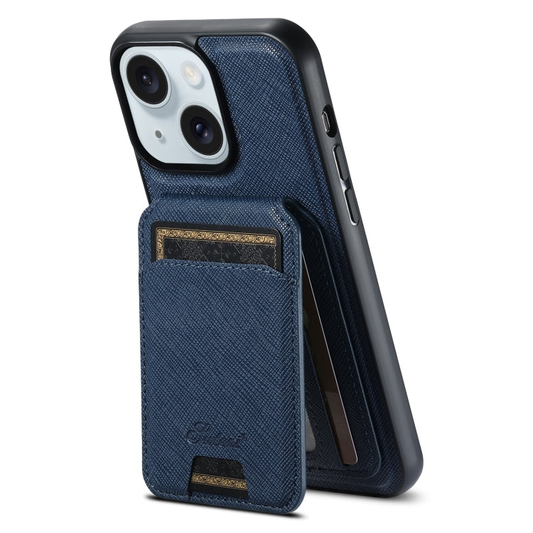 For iPhone 15 Suteni H18 Cross Grain MagSafe Wallet Leather Phone Case(Blue) - iPhone 15 Cases by Suteni | Online Shopping South Africa | PMC Jewellery | Buy Now Pay Later Mobicred