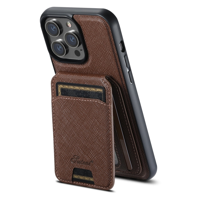 For iPhone 12 Pro Suteni H18 Cross Grain MagSafe Wallet Leather Phone Case(Brown) - iPhone 12 / 12 Pro Cases by Suteni | Online Shopping South Africa | PMC Jewellery | Buy Now Pay Later Mobicred