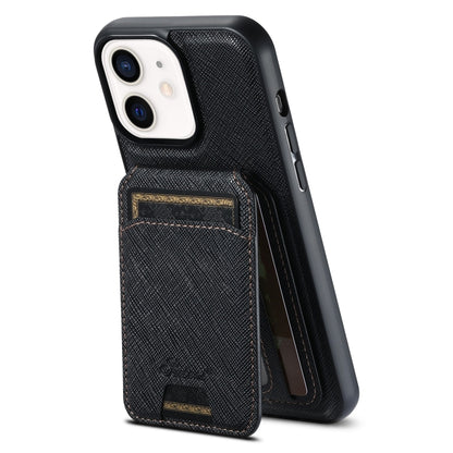 For iPhone 12 Suteni H18 Cross Grain MagSafe Wallet Leather Phone Case(Black) - iPhone 12 / 12 Pro Cases by Suteni | Online Shopping South Africa | PMC Jewellery | Buy Now Pay Later Mobicred