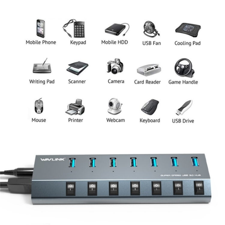 WAVLINK UH3076 5Gbps 7-port USB 3.0 Hub with Independent Switch and LED Indicator(EU Plug) - USB 3.0 HUB by WAVLINK | Online Shopping South Africa | PMC Jewellery | Buy Now Pay Later Mobicred