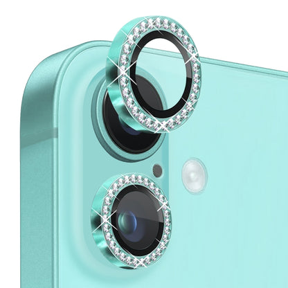 For iPhone 16 / 16 Plus NORTHJO Rhinestone Camera Lens Protector Tempered Glass Metal Ring Film(Cyan) - iPhone 16 Tempered Glass by NORTHJO | Online Shopping South Africa | PMC Jewellery | Buy Now Pay Later Mobicred