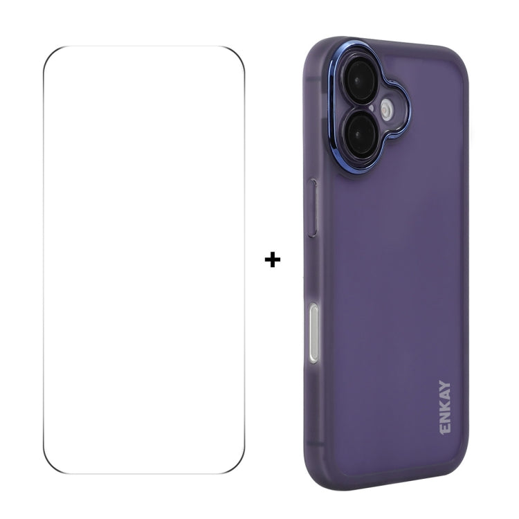 For iPhone 16 Plus ENKAY Hat-Prince Translucent Matte TPU Phone Case with Lens Film + 9H Big Arc Edge Film(Purple) - iPhone 16 Plus Cases by ENKAY | Online Shopping South Africa | PMC Jewellery | Buy Now Pay Later Mobicred