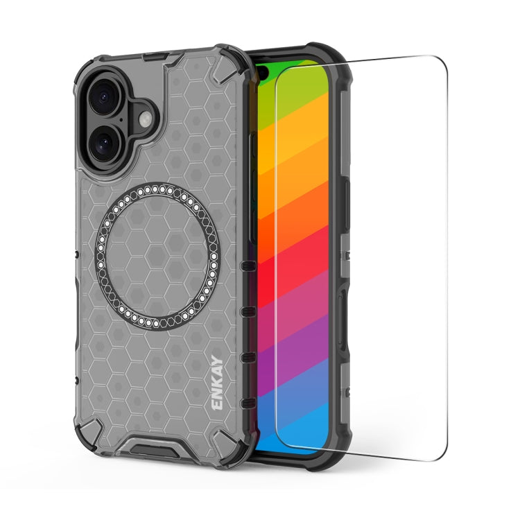 For iPhone 16 Plus ENKAY Hat-Prince Honeycomb MagSafe Shockproof Phone Case with Large Arc Edge Film(Grey) - iPhone 16 Plus Cases by ENKAY | Online Shopping South Africa | PMC Jewellery | Buy Now Pay Later Mobicred