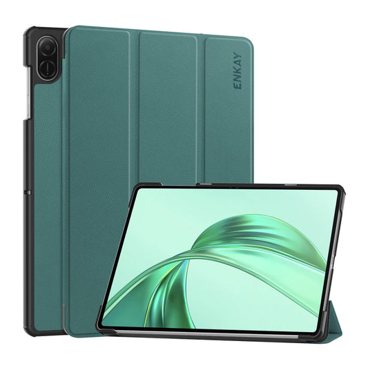 For Honor Pad X8a 11 ENKAY Tri-fold Custer Texture Leather Protective Tablet Case(Dark Green) - Honor by ENKAY | Online Shopping South Africa | PMC Jewellery | Buy Now Pay Later Mobicred