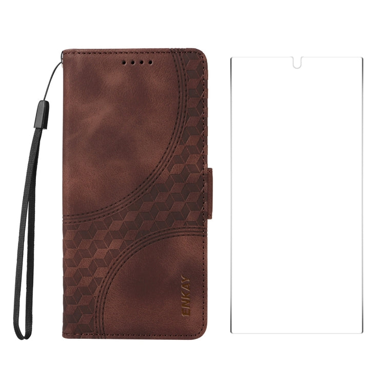 For Samsung Galaxy S25 Ultra 5G ENKAY Embossed Rhombus Starry Leather Phone Case with Screen Film(Brown) - Galaxy S25 Ultra 5G Cases by ENKAY | Online Shopping South Africa | PMC Jewellery | Buy Now Pay Later Mobicred