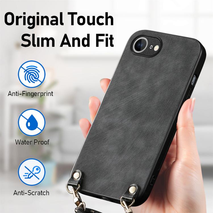 For  iPhone 16e Vintage Leather PC Back Cover Phone Case with Crossbody Strap(Black) - iPhone 16e Cases by PMC TechLife | Online Shopping South Africa | PMC TechLife | Buy Now Pay Later Mobicred