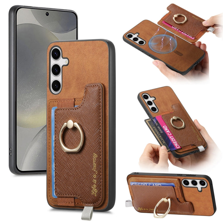 For Samsung Galaxy S25+ 5G Retro Cross Leather Ring Horizontal Insert Card Bag MagSafe Phone Case(Brown) - Galaxy S25+ 5G Cases by PMC Jewellery | Online Shopping South Africa | PMC Jewellery | Buy Now Pay Later Mobicred