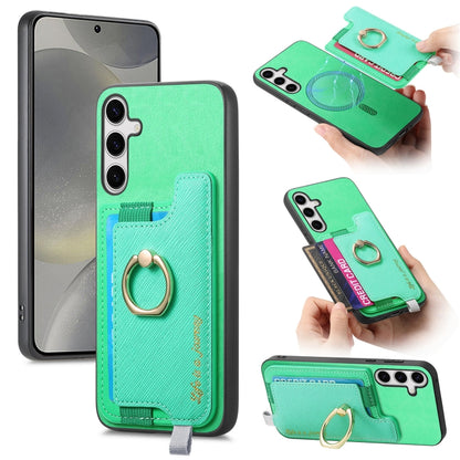 For Samsung Galaxy S25 Ultra 5G Retro Cross Leather Ring Horizontal Insert Card Bag MagSafe Phone Case(Green) - Galaxy S25 Ultra 5G Cases by PMC Jewellery | Online Shopping South Africa | PMC Jewellery | Buy Now Pay Later Mobicred