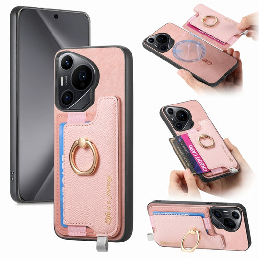 For Huawei Pura 70 Pro Retro Magsafe Cross Leather Ring Holder Card Bag Phone Case(Pink) - Huawei Cases by PMC Jewellery | Online Shopping South Africa | PMC Jewellery | Buy Now Pay Later Mobicred